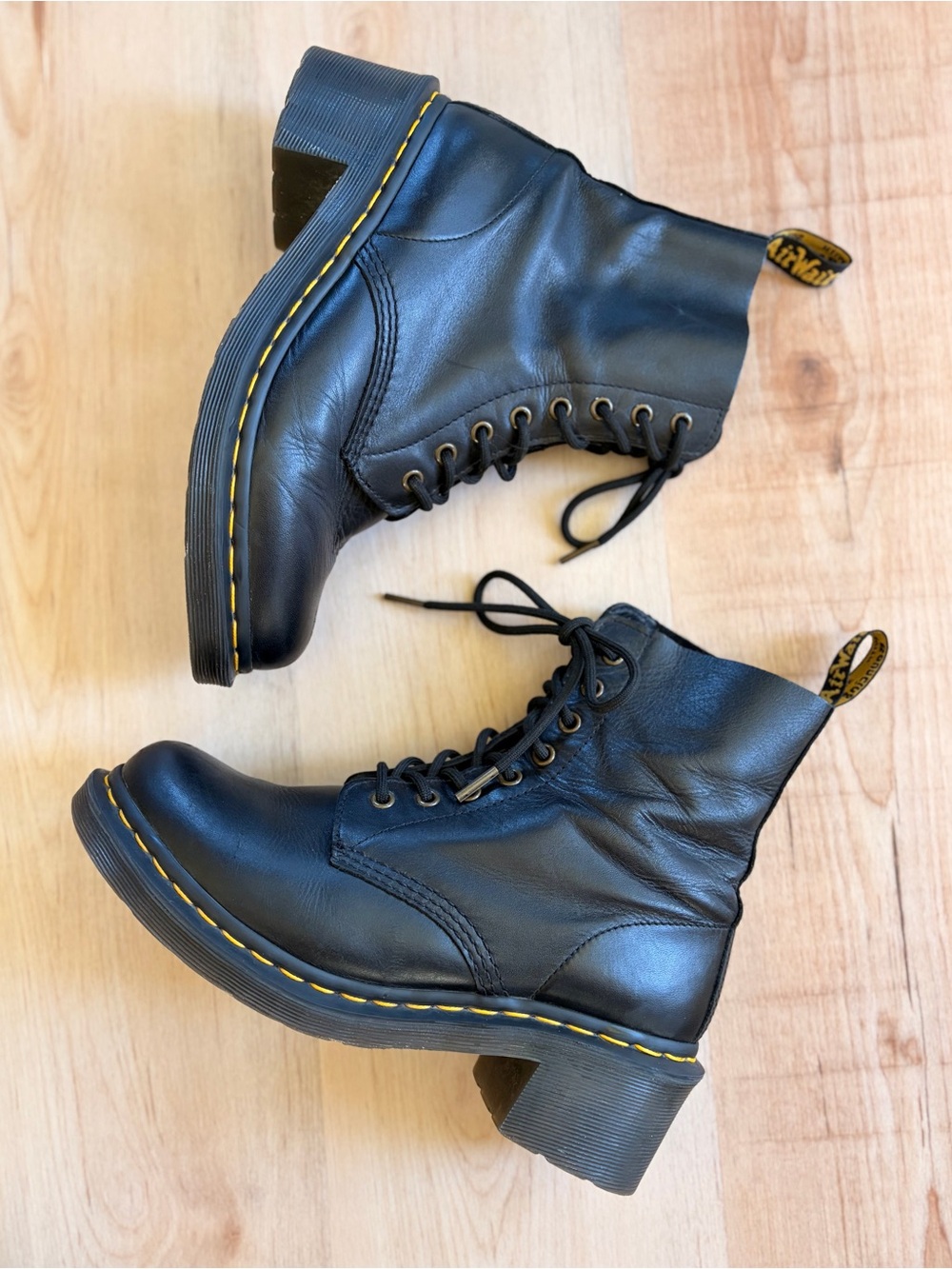 Dr. Martens Black Leather Lace-Up Platform Combat Boots with Yellow Stitching
